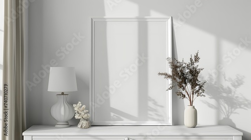 A mockup poster blank frame on a retro chest drawer, adorned with a dried flower arrangement and minimalist lamp, in monochrome white
