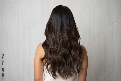 Back view of a woman's glossy, long wavy dark hair against a striped background