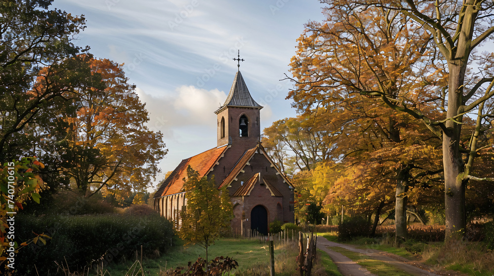 Church tower in the rural village of Harmelen. - obrazy, fototapety, plakaty 