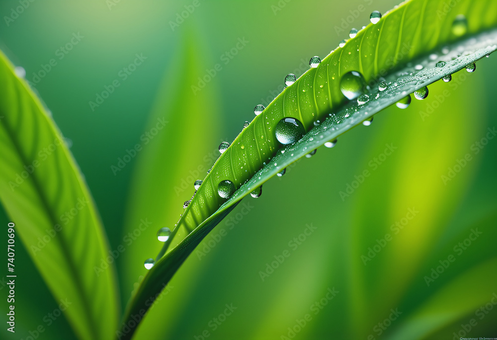 Close-up of young tea leaf shoots with water droplets on the lea - obrazy, fototapety, plakaty 