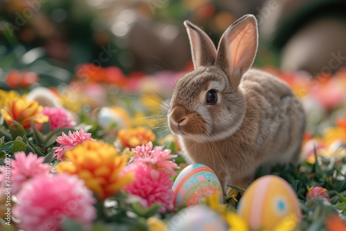 Easter Egg Hunt. A playful Easter Bunny is captured hiding colorful eggs around a garden.