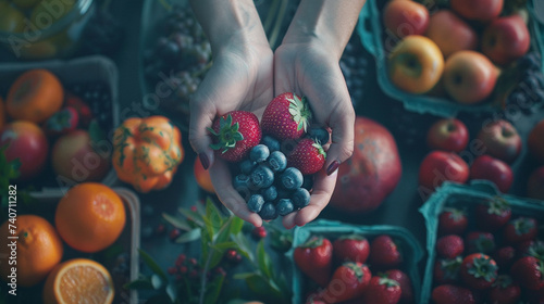 Woman's hands holding some strawberries and blueberries on a table with fruit