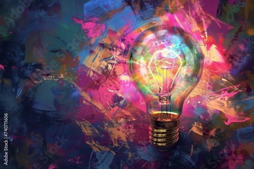 Creative Energy - Paint Splash Light Bulb - A light bulb amidst vibrant paint splashes symbolizes creativity, the fusion of art and ideas, and the colorful nature of thought. Perfect for artistic conc © Mickey