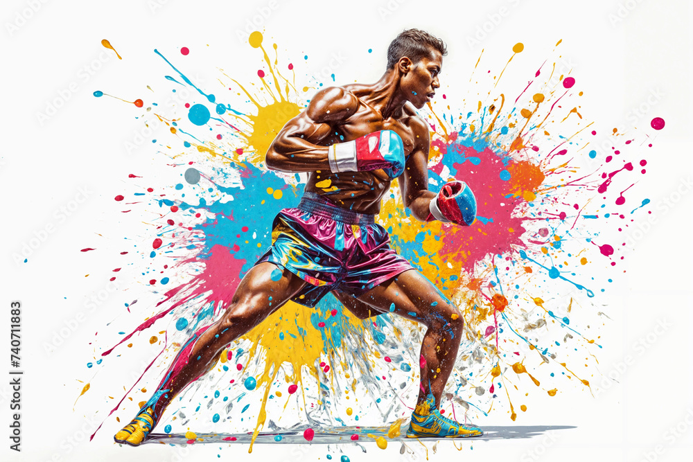 Boxer in action on a grunge background. Illustration of a boxer in action with colorful splash background. Portrait of an athletic male boxer with boxing gloves.
Boxer in action on a grunge background. Illustration of a boxer in action with colorful splash background. Portrait of an athletic male boxer with boxing gloves.