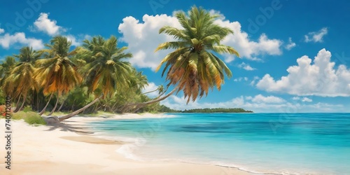 Sunny tropical Caribbean beach with palm trees and turquoise water,