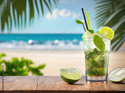 Mojito cocktail on the beach, fresh tropical drink, exotic refreshment, international cocktails