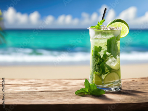 Mojito cocktail on the beach, fresh tropical drink, exotic refreshment, international cocktails