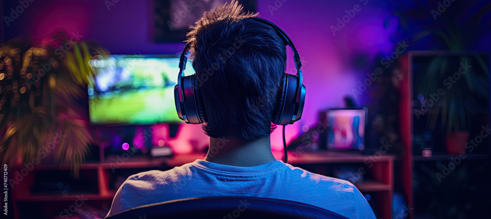 Back view of a Young gamer playing video game wearing headphone 