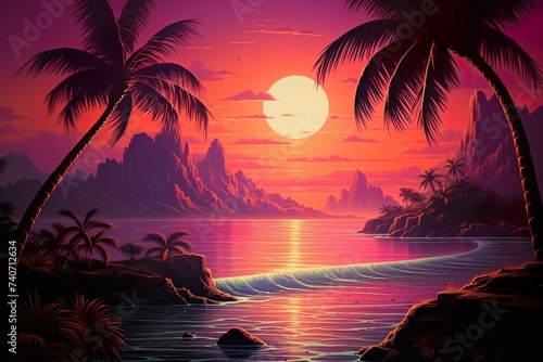 Silhouette of palm tree Panorama of sunset of tropical coastline Purple sunset with clouds Violet sunset 
