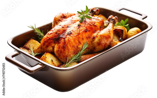 A roasting pan filled with chicken and potatoes as they cook in the oven. on White or PNG Transparent Background.