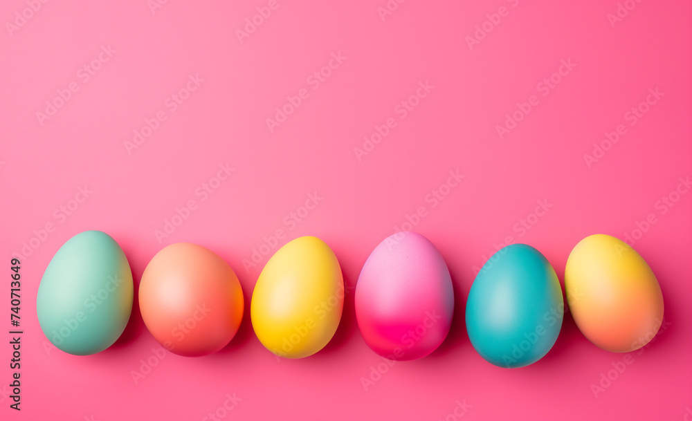 colorful easter eggs in line on pink background, easter card with copy space
