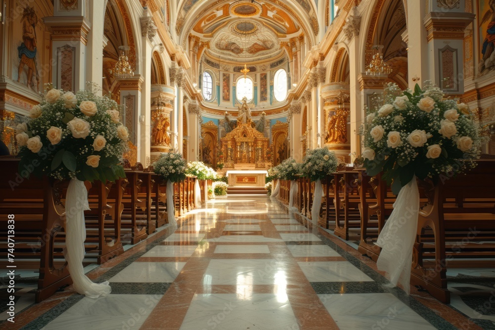 "Easter Service at a Catholic Church: Floral Decorations and Golden Altar" - obrazy, fototapety, plakaty 
