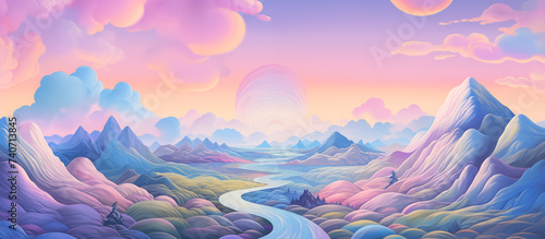 holographic retro style of illustration colorful pastel view lanscape nature background
