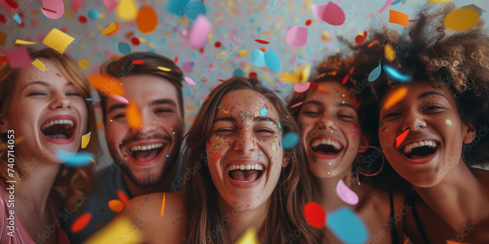 Summer Festival Fun with Confetti Joy. Group of ecstatic young people enjoying a summer party with colorful confetti
Summer Festival Fun with Confetti Joy. Group of ecstatic young people enjoying a summer party with colorful confetti