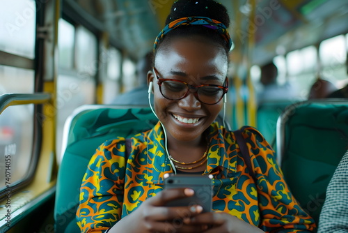 A young african girl sitting on the bus smiling at her phone