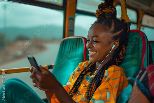 A young african girl sitting on the bus smiling at her phone photo
