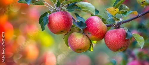 A cluster of apples dangles from a branch, showcasing the natural beauty of this seedless fruit. This vibrant display of food grows on a fruitful tree