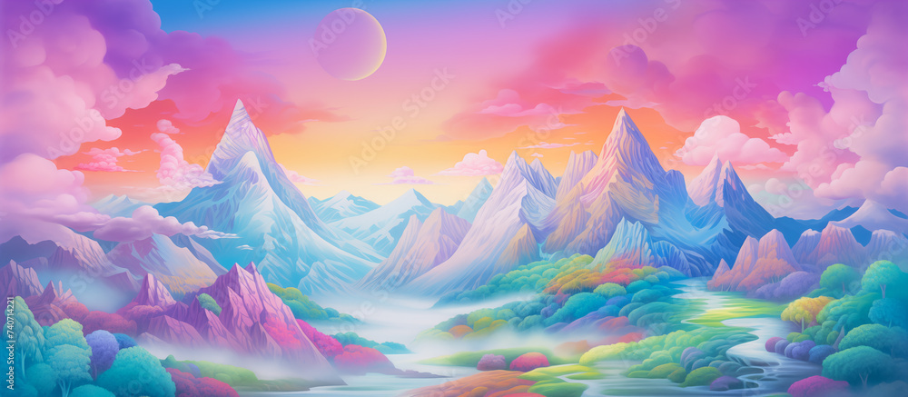 holographic retro style of illustration colorful pastel view lanscape nature background