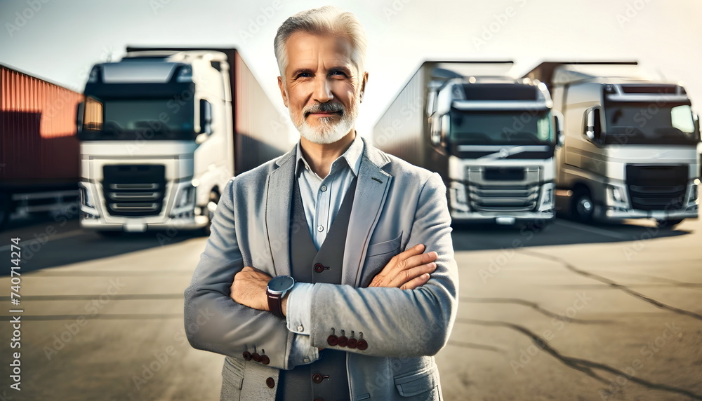 An older truck driver man standing next to trucks An older truck driver man standing next to trucks