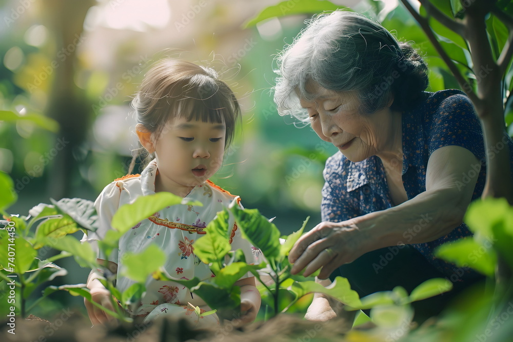 A chinese grandmother and granddaughter planting a tree A chinese grandmother and granddaughter planting a tree