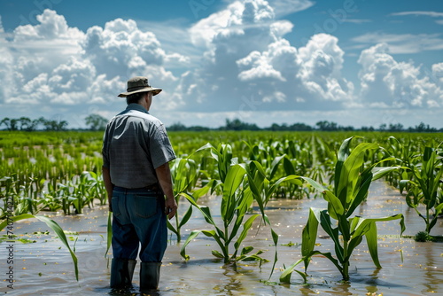 A man standing in the middle of a flooded plantation photo