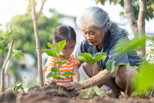 A chinese grandmother and granddaughter planting a tree