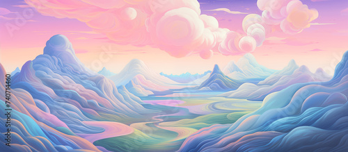 holographic retro style of illustration colorful pastel view lanscape nature background