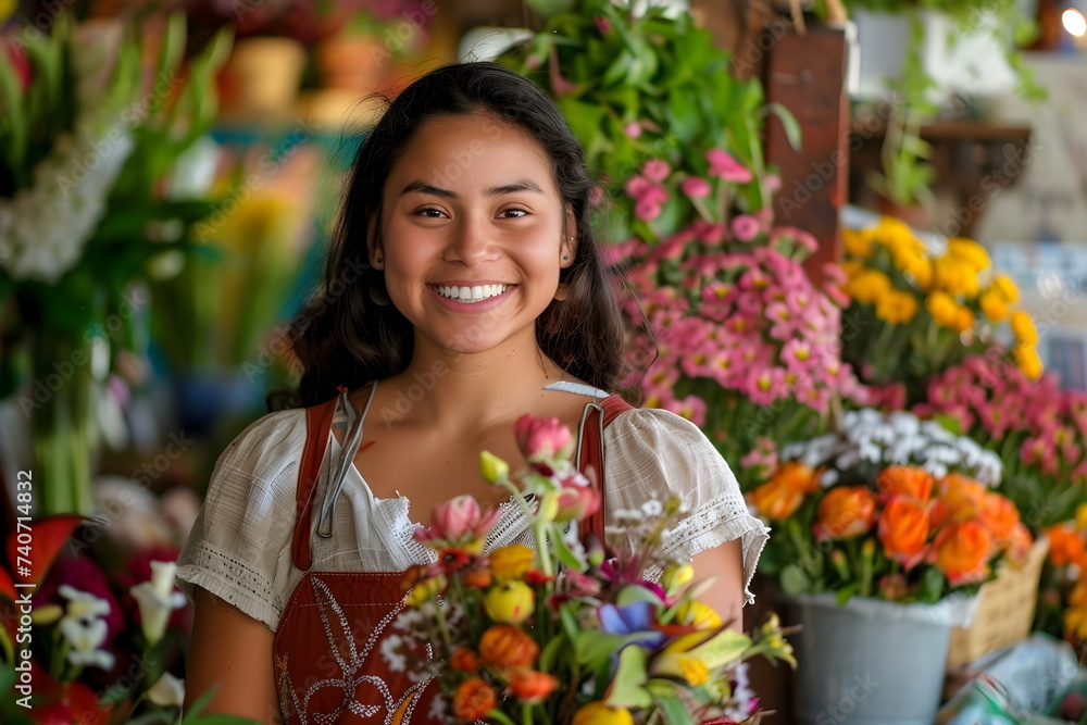 latin young woman portrait in a flower store