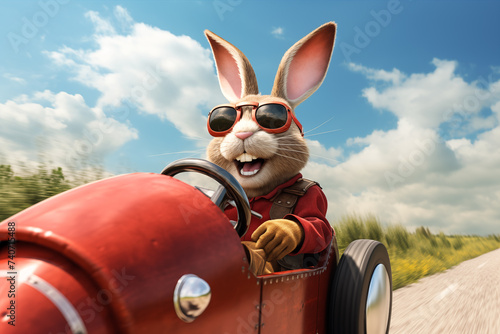 The happy easter bunny in sun glasses drives a race car in sunny day © Jenny Sturm