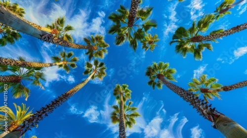 Low angle view of Palm Trees with clear blue sky