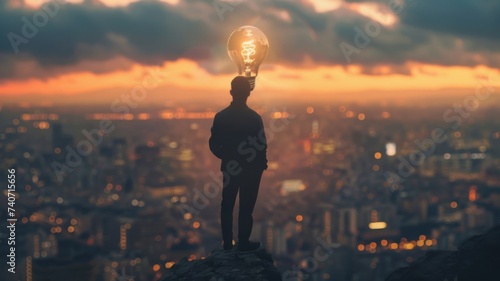Enlightened Cityscape Vision - Light Bulb Head Over Urban Sunset. Vision fuels the journey of entrepreneurship