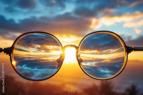 Vision Through Spectacles at Sunset - Visionary leadership inspires transformative change, Clarity and Focus Concept