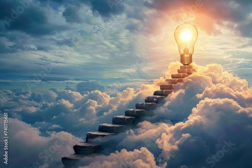 Ascent to Enlightenment Idea Concept - Light Bulb Stairs in Clouds, Visionary leadership inspires transformative change