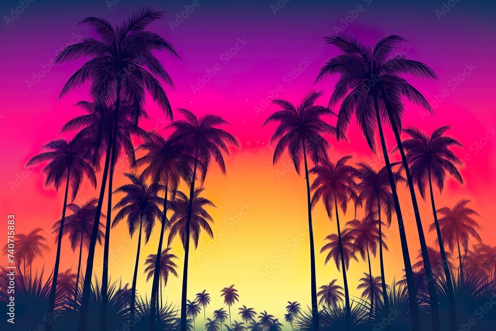 Silhouette of palm tree  Panorama of sunset of tropical coastline Purple sunset with clouds Violet sunset 
