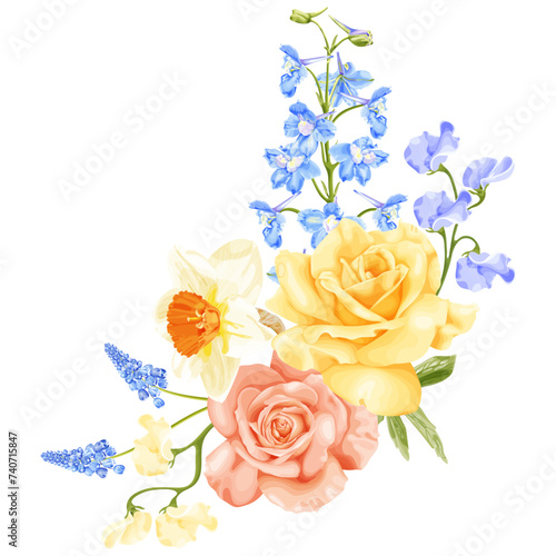 Spring bouquet with yellow and pink rose, narcissus, blue delphinium flower, hyacinth and sweet pea.