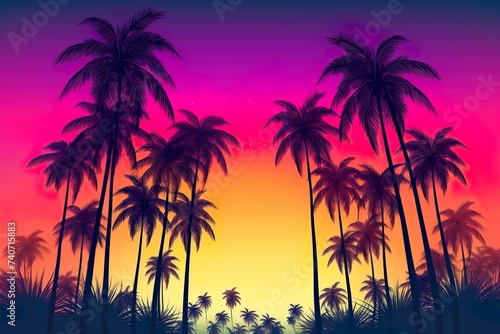 Silhouette of palm tree  Panorama of sunset of tropical coastline Purple sunset with clouds Violet sunset 