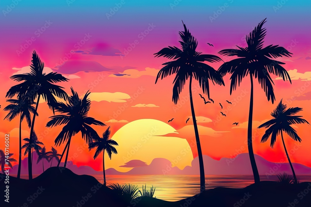 Silhouette of palm tree  Panorama of sunset of tropical coastline Purple sunset with clouds Violet sunset 