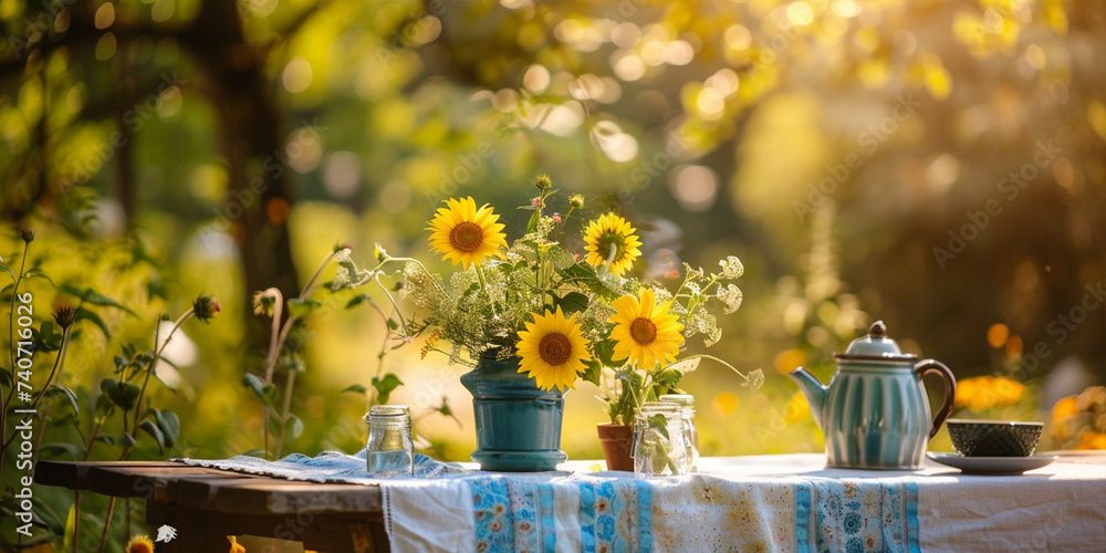 Beautiful sunflower on table outdoors, ai technology