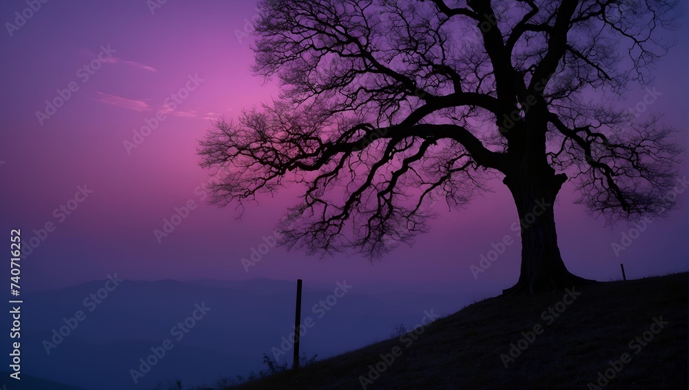 evening in the hill alone tree in the purple sky background evening in the hill alone tree in the purple sky background