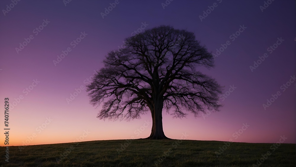 Fototapeta premium evening in the hill alone tree in the purple sky background