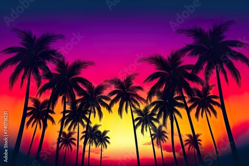 Silhouette of palm tree  Panorama of sunset of tropical coastline Purple sunset with clouds Violet sunset  © Umar