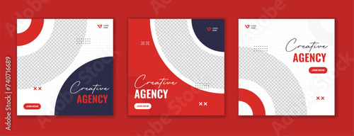 Red minimal corporate social media post design. Creative round shape business square template bundle