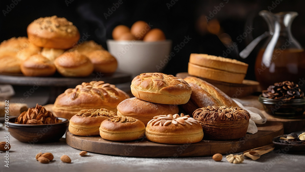 vibrant and appetizing captures a variety of baked goods created by the skilled hands of bakers. Gorgeous bread rolls, perfectly golden croissants, fresh and fragrant baguettes are present vibrant and appetizing captures a variety of baked goods created by the skilled hands of bakers. Gorgeous bread rolls, perfectly golden croissants, fresh and fragrant baguettes are present
