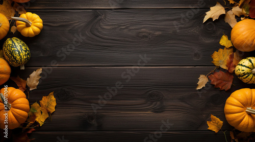 Wallpaper Mural A group of pumpkins with dried autumn leaves and twigs, on a black color wood boards Torontodigital.ca