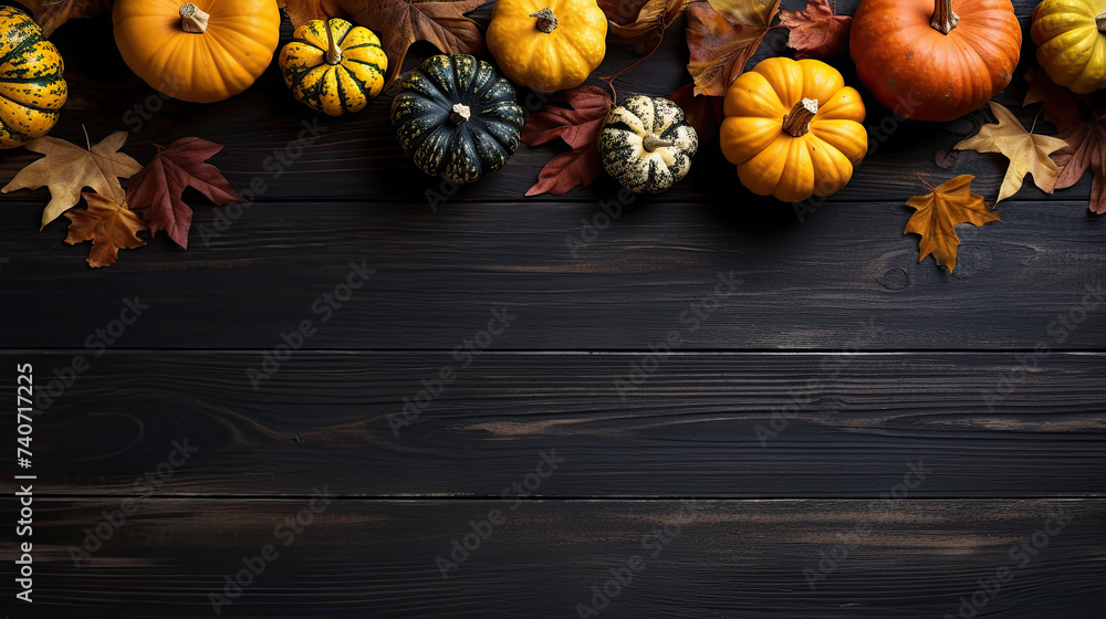 A group of pumpkins with dried autumn leaves and twigs, on a dark gray color wood boards A group of pumpkins with dried autumn leaves and twigs, on a dark gray color wood boards