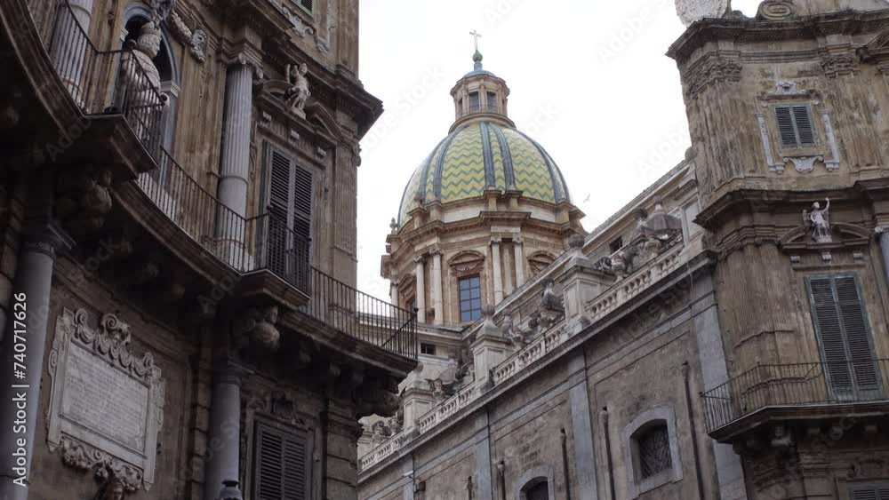 Gimbal shot reveals church dome behind beautiful corners of 'I Quattro Canti' intersection, historic landmark and architecture in Palermo, Italy
Gimbal shot reveals church dome behind beautiful corners of 'I Quattro Canti' intersection, historic landmark and architecture in Palermo, Italy