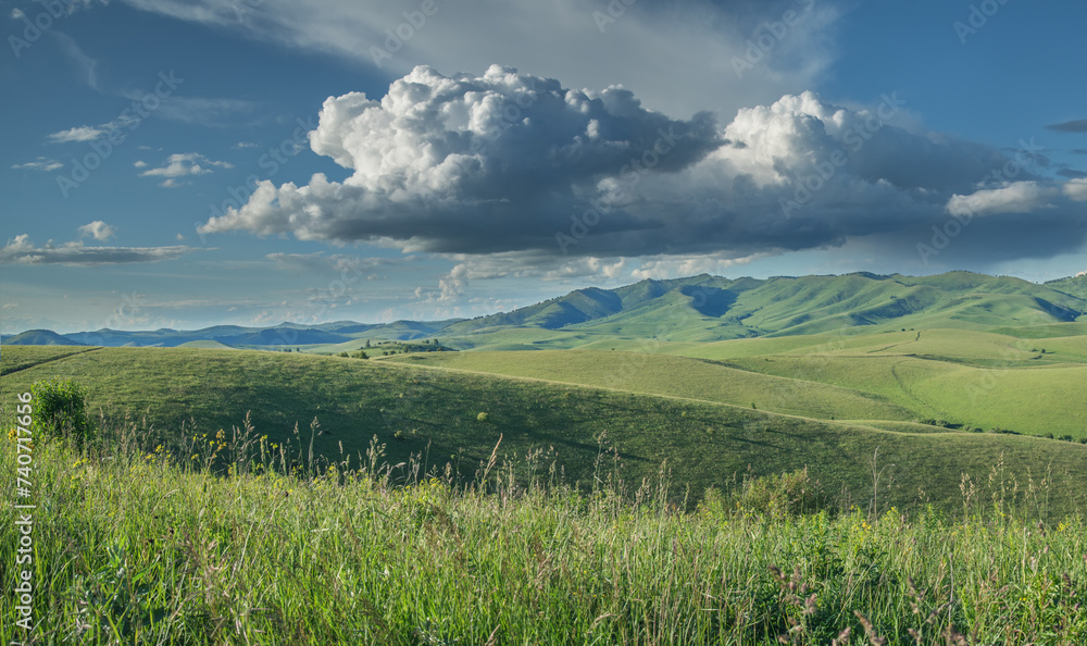 	
View of a summer day in the mountains, green meadows, mountain slopes and hills, countryside	