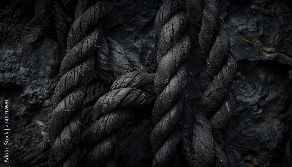 Black rope on the black coal background. Close-up photo. - obrazy, fototapety, plakaty 
