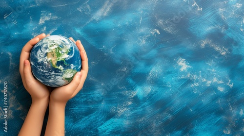 Caring hands cradle miniature earth on blue background, symbolizing environmental responsibility