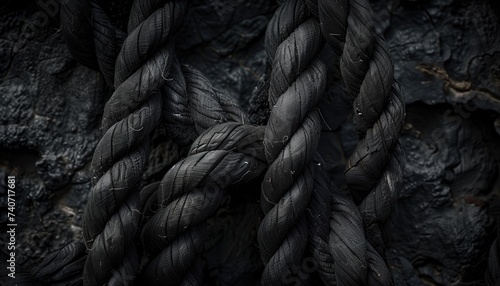 Black rope on the black coal background. Close-up photo.